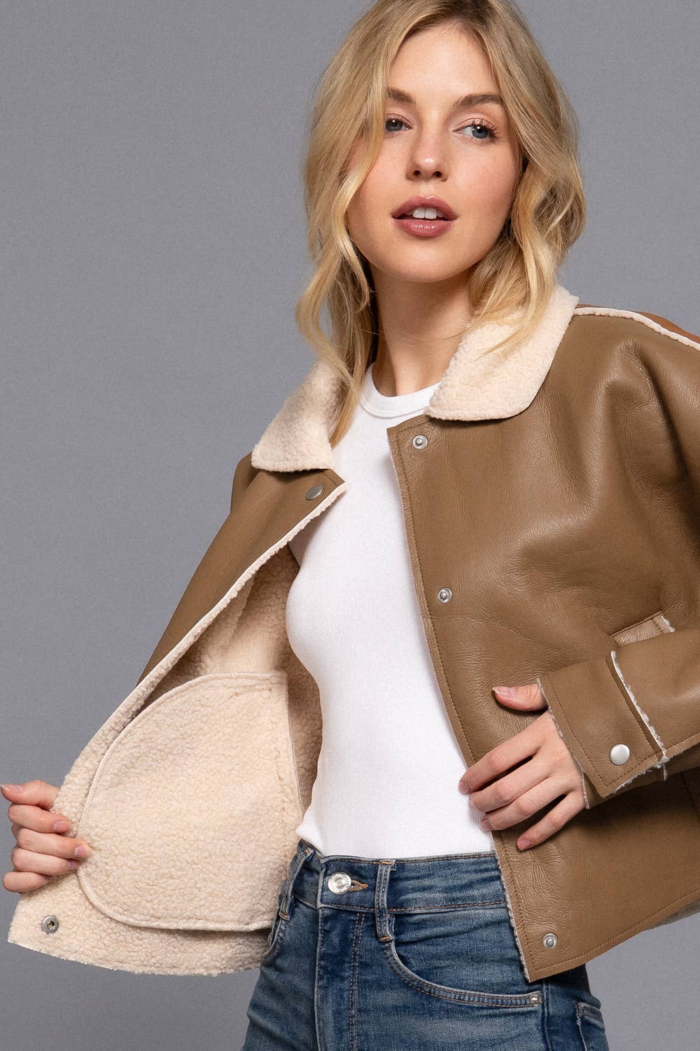 Long Sleeve Faux Leather Inner Fur Jacket
