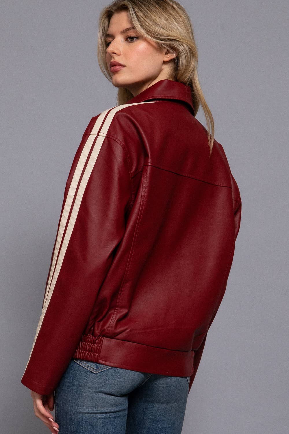 Long Sleeve Line Detail Faux Leather Jacket