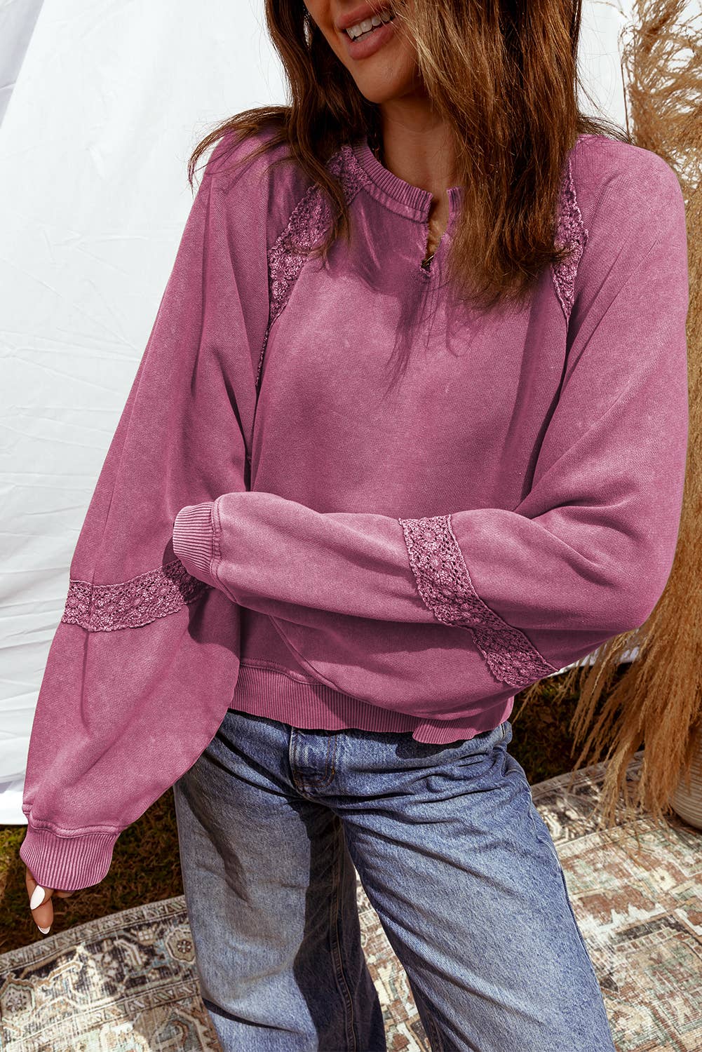 Mineral Wash Lace Patch V Neck Loose Fit Sweatshirt | S-XL