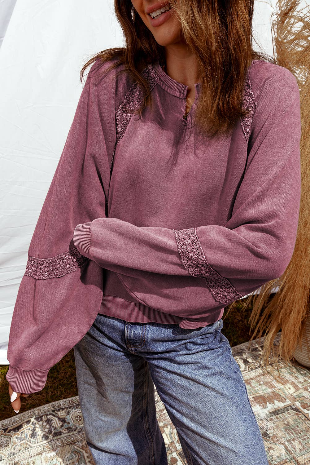 Mineral Wash Lace Patch V Neck Loose Fit Sweatshirt | S-XL
