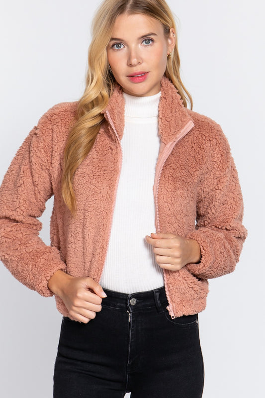 LONG SLEEVE MOCK NECK FAUX FUR ZIP-UP JACKET