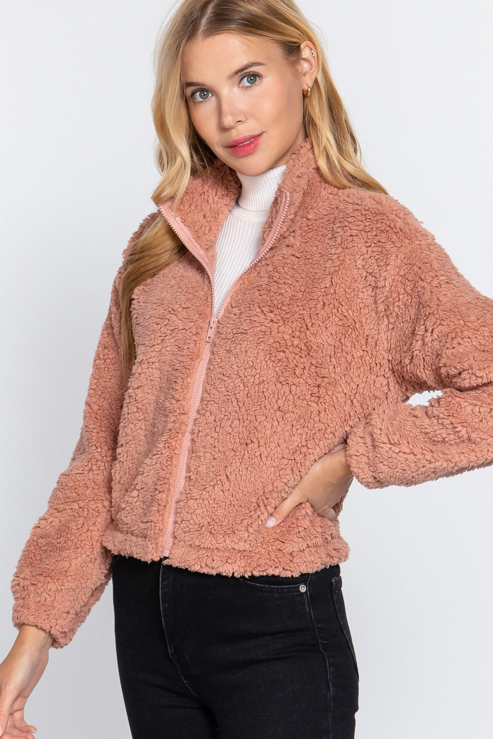 LONG SLEEVE MOCK NECK FAUX FUR ZIP-UP JACKET