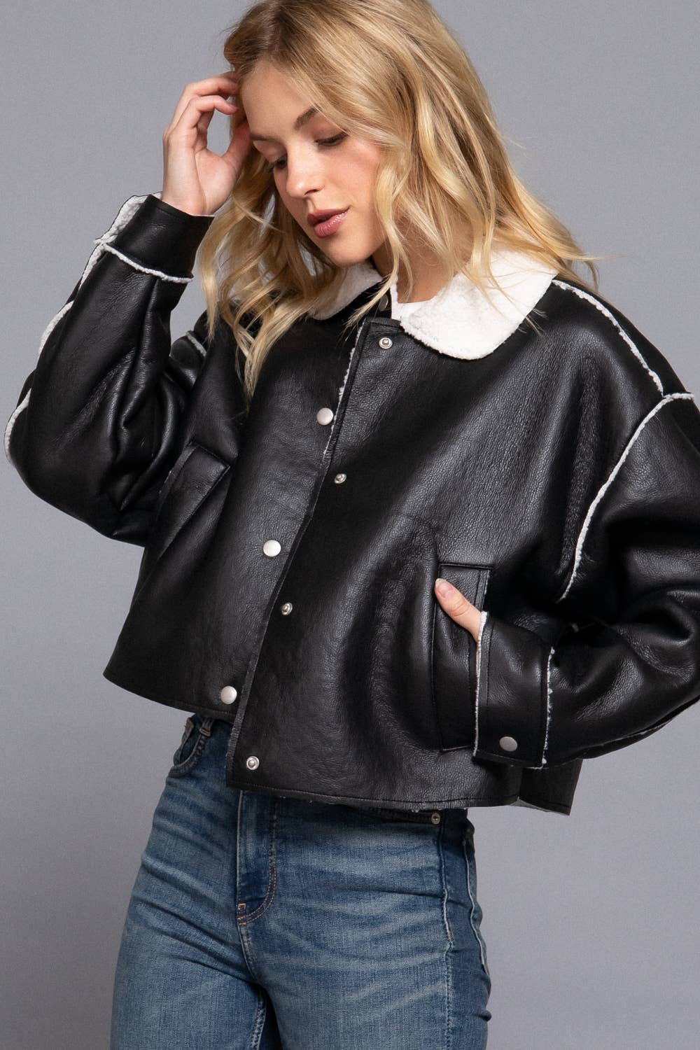 Long Sleeve Faux Leather Inner Fur Jacket