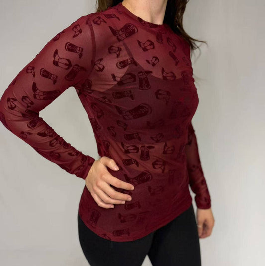 TZ102 Blame it on the Boots Velvet Mesh Top