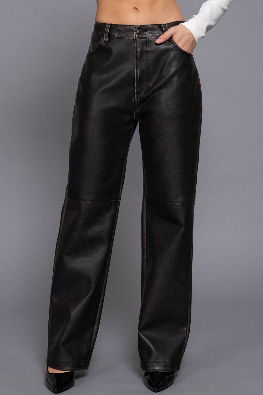 Washed Faux Leather Long Pants