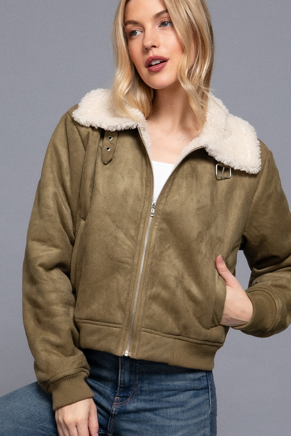 FAUX SUEDE INNER FUR ZIP UP JACKET