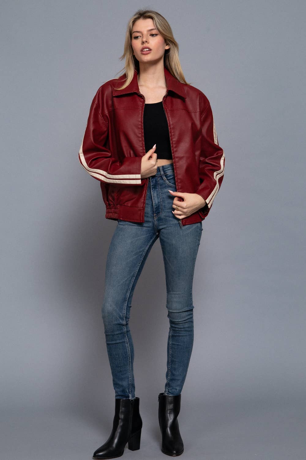 Long Sleeve Line Detail Faux Leather Jacket