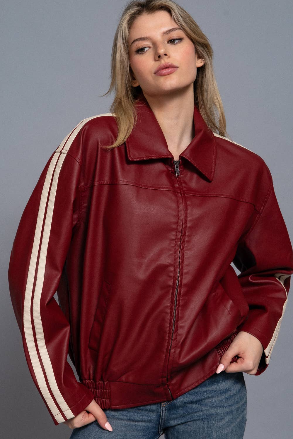 Long Sleeve Line Detail Faux Leather Jacket