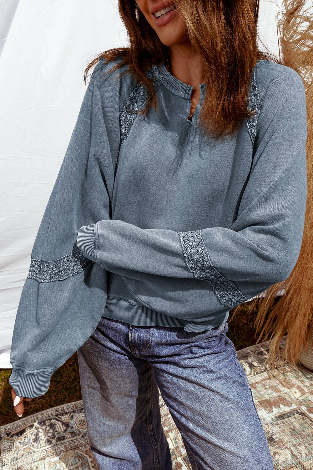Mineral Wash Lace Patch V Neck Loose Fit Sweatshirt | S-XL