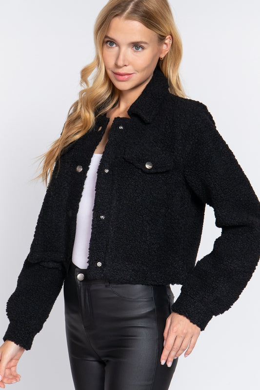 LONG SV POCKET FLAP BUTTON DOWN FAUX FUR JACKET