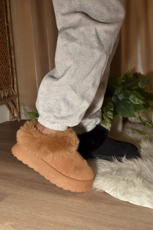 Faux-Fur Platform Slip On Booties