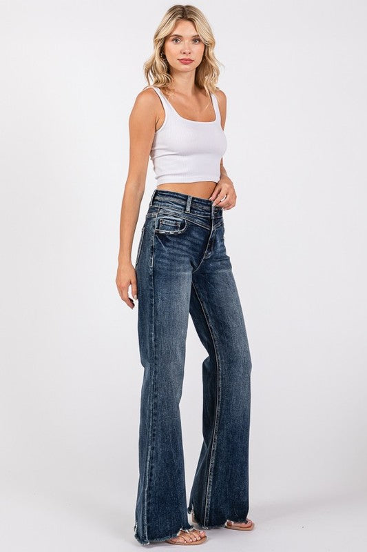 HIGH RISE STRETCH WIDE LEG FLARE W/ FRAYED HEM