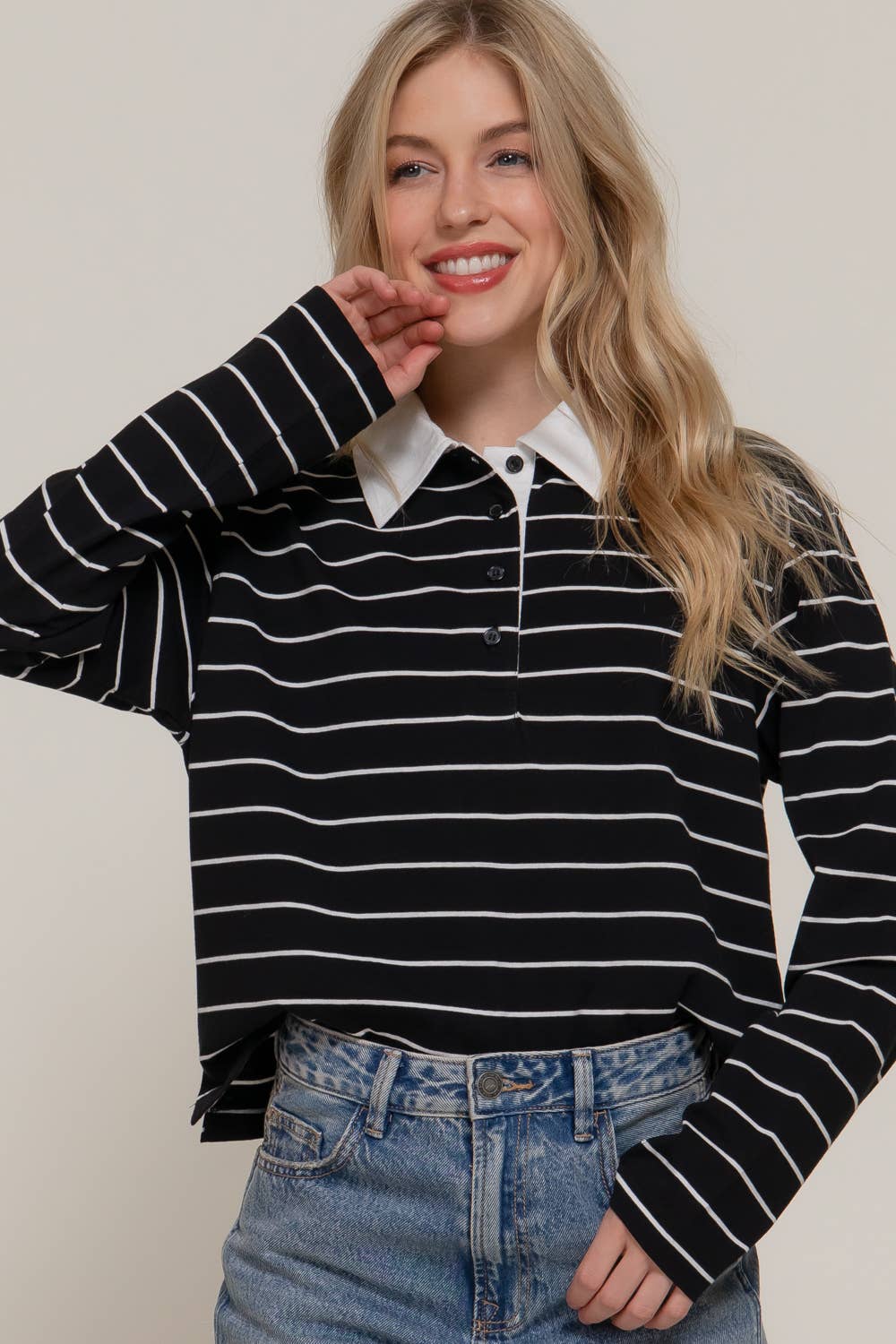 Long Sleeve Y/D Stripe Cotton Polo Shirt