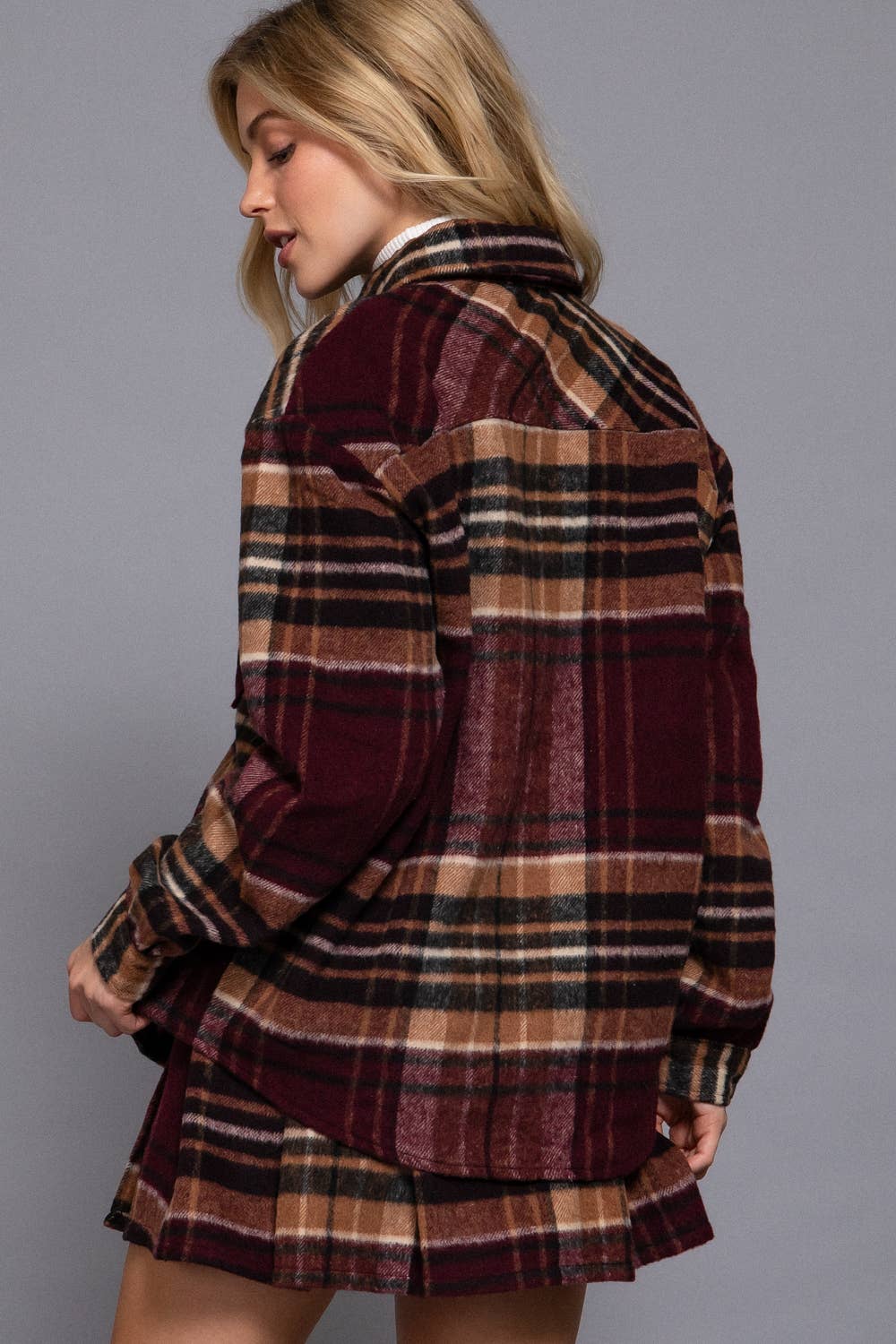 Long Sleeve Wool Blend Plaid Button Down Casual Jacket