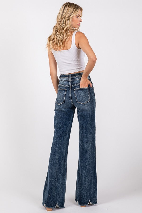 HIGH RISE STRETCH WIDE LEG FLARE W/ FRAYED HEM