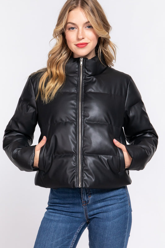 LONG SLEEVE HIGH NECK QUILTED PU PUFFER JACKET