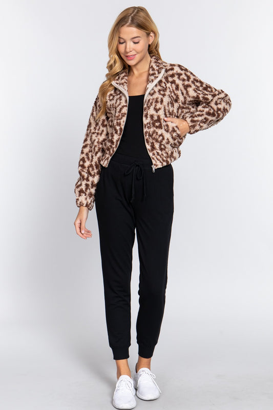 LONG SLEEVE ANIMAL PRINT FAUX FUR JACKET