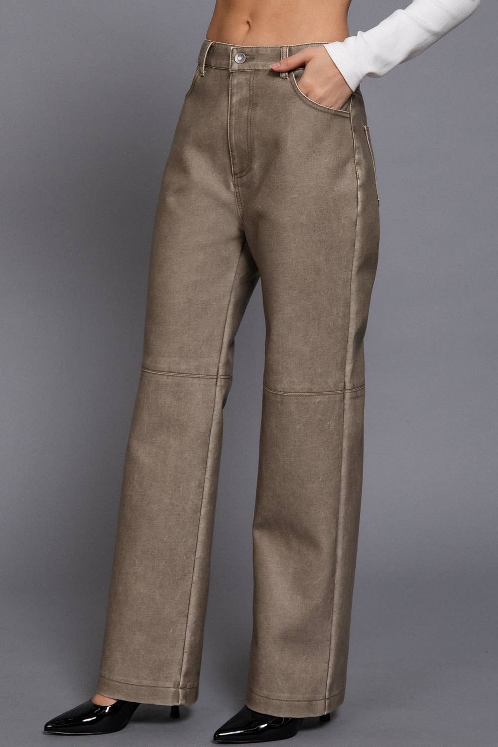 Washed Faux Leather Long Pants
