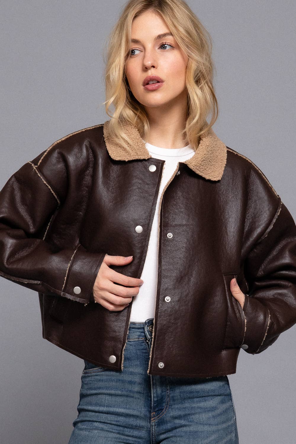 Long Sleeve Faux Leather Inner Fur Jacket