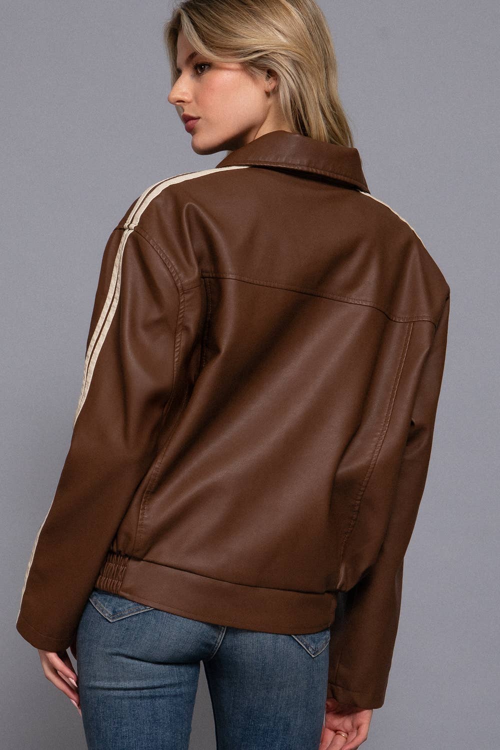 Long Sleeve Line Detail Faux Leather Jacket