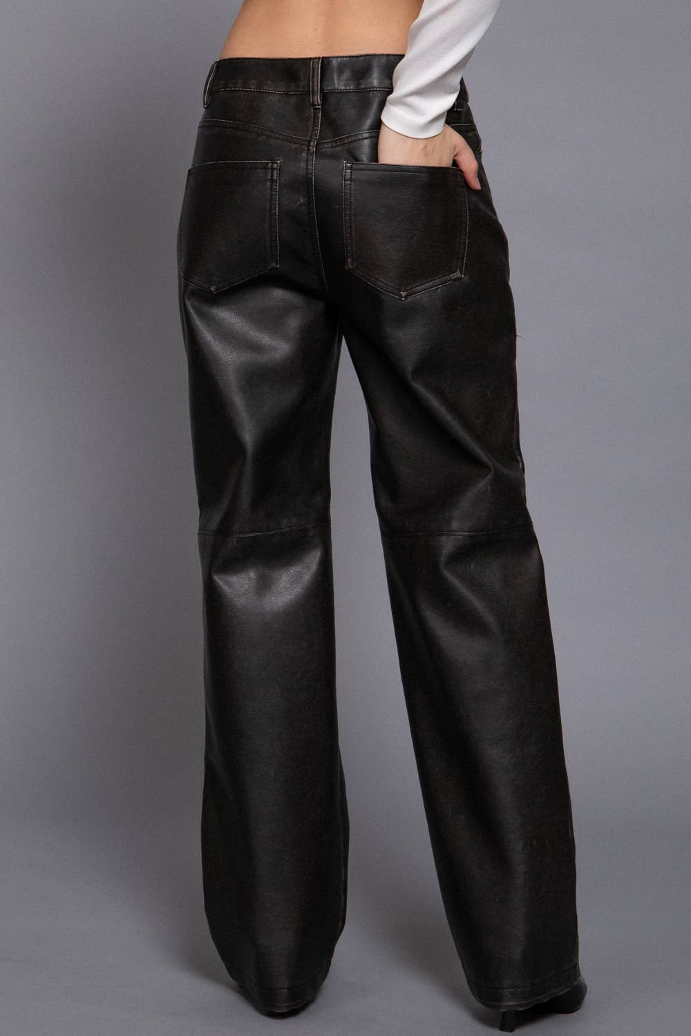 Washed Faux Leather Long Pants