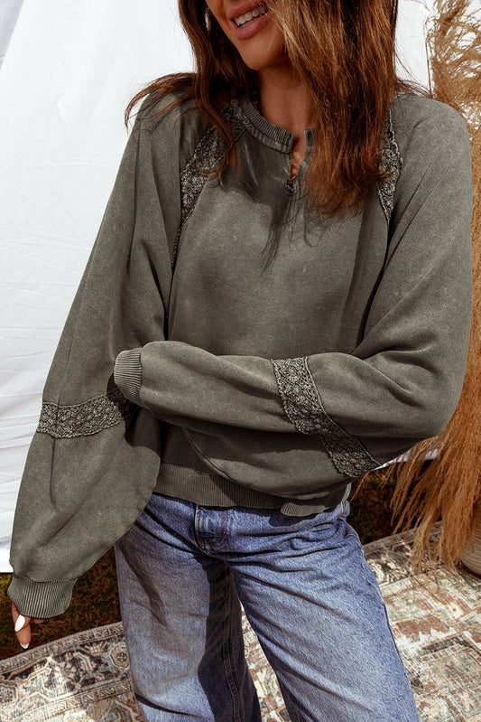 Mineral Wash Lace Patch V Neck Loose Fit Sweatshirt | S-XL
