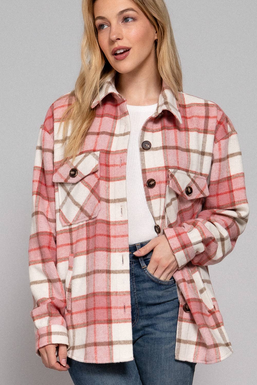 Long Sleeve Wool Blend Plaid Button Down Casual Jacket