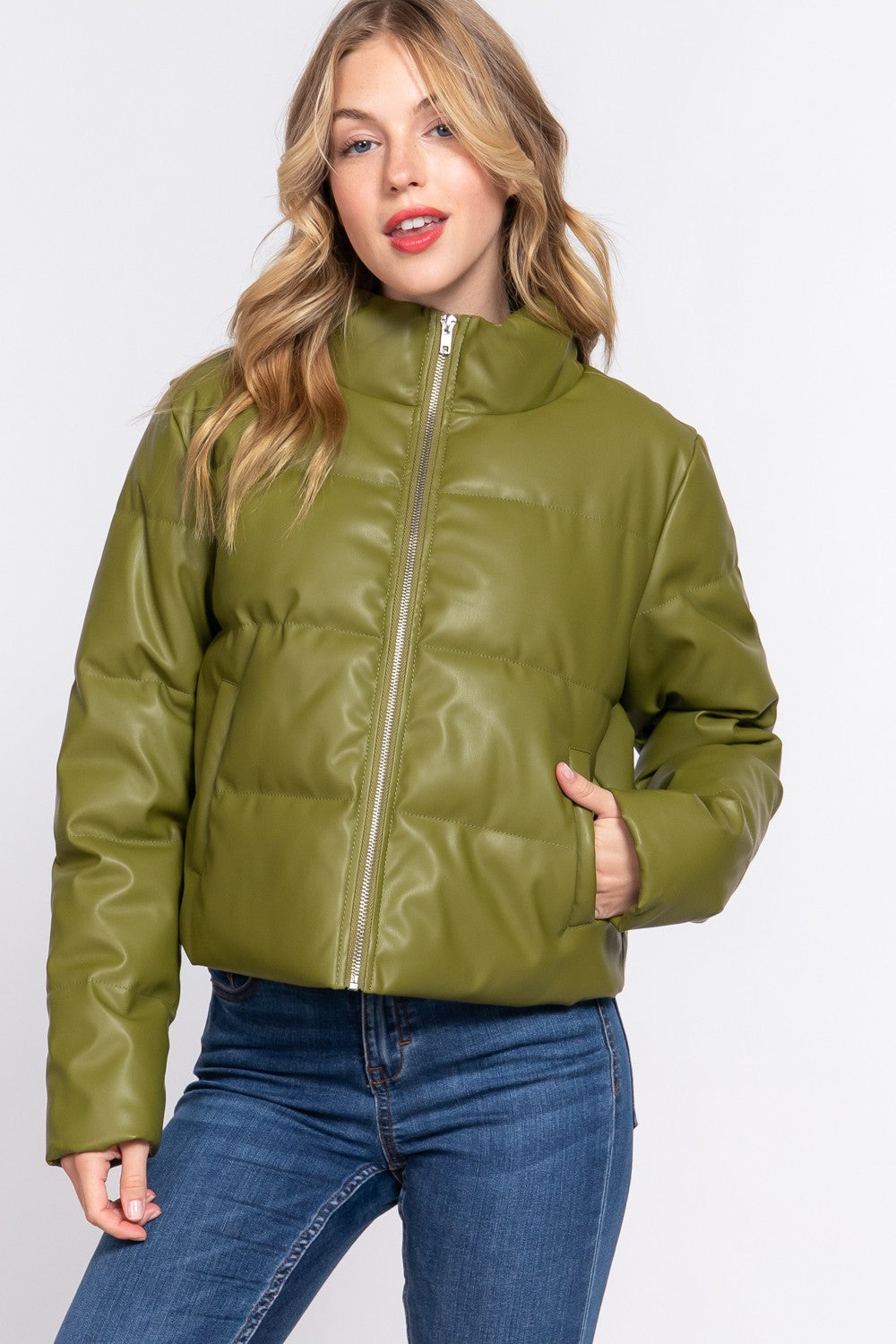 LONG SLEEVE HIGH NECK QUILTED PU PUFFER JACKET