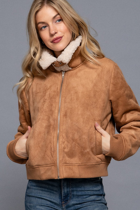 FAUX SUEDE INNER FUR ZIP UP JACKET