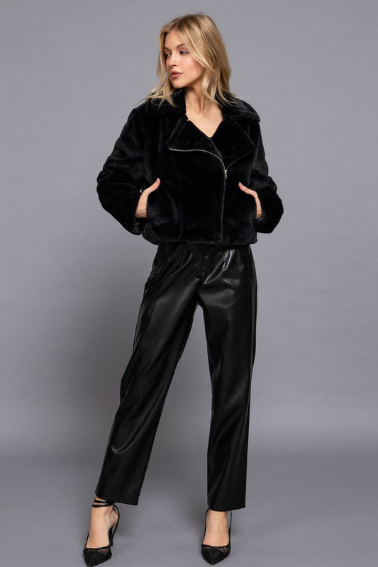 LONG SLV FUR SHEARLING TEDDY MOTO JACKET