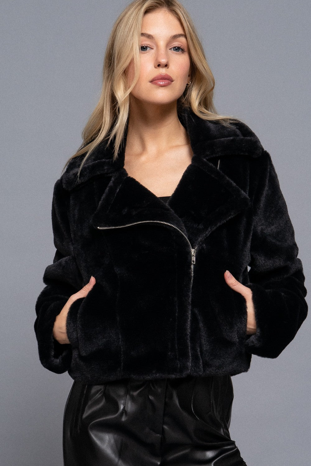 LONG SLV FUR SHEARLING TEDDY MOTO JACKET