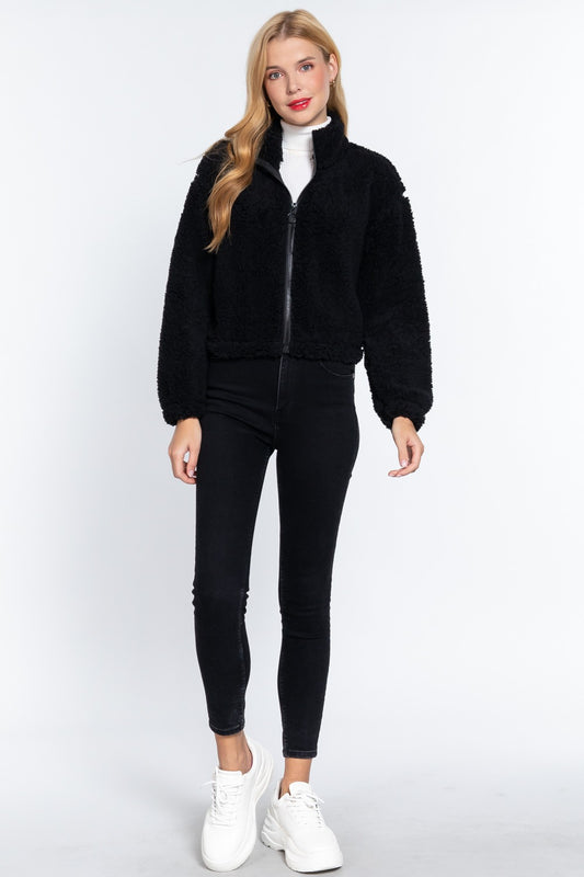 LONG SLEEVE MOCK NECK FAUX FUR ZIP-UP JACKET